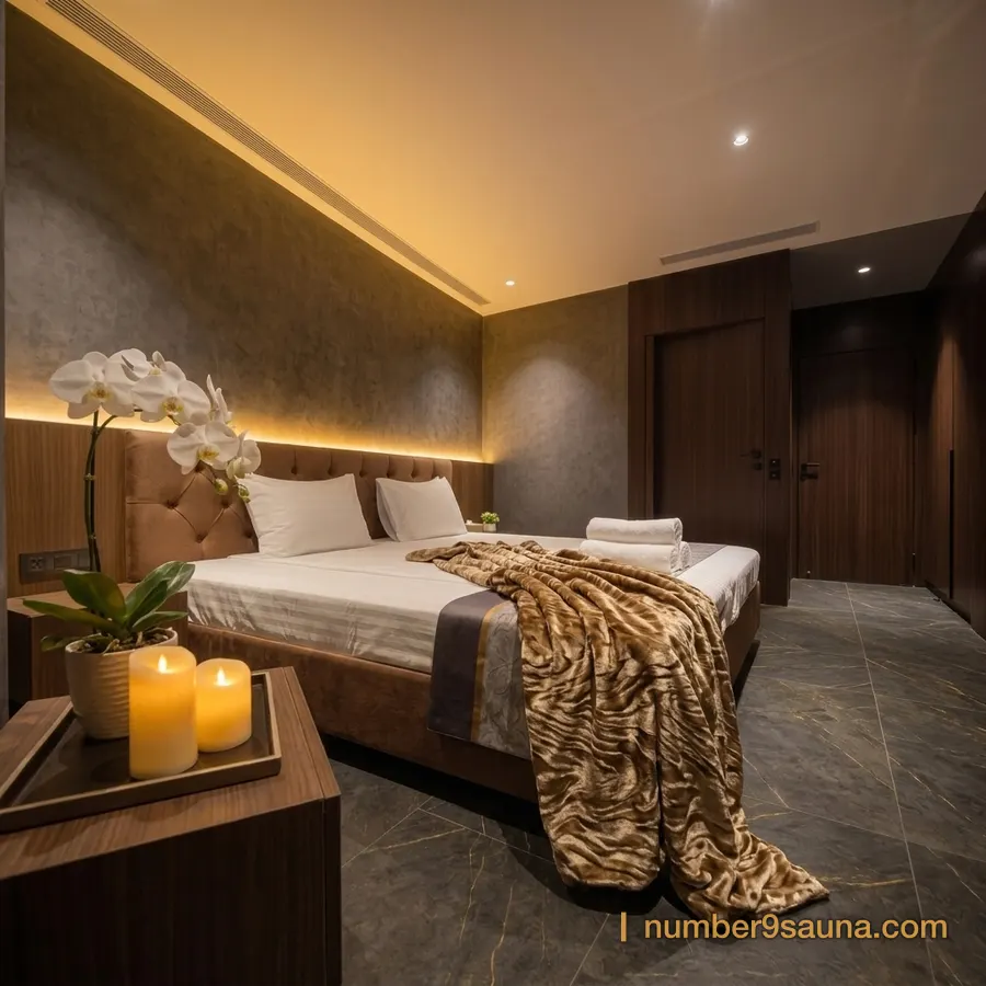 A Number Nine Spa room with gold bedding