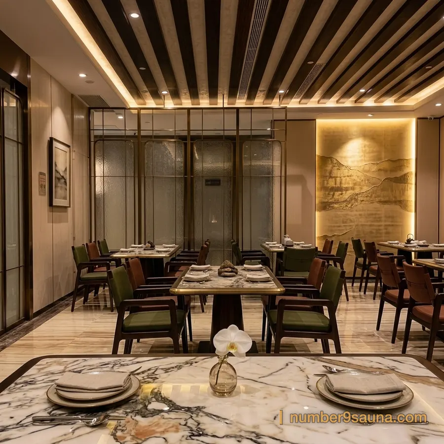 The dining area at Number Nine Spa, a marble table laid with plates and a white moth orchid in a vase, a gold landscape panel behind