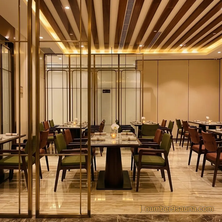 The dining area at Number Nine Spa, marble tables set under a slatted wood ceiling