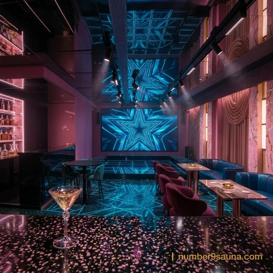 The LED screen and stage in the lobby at Number Nine Spa, with a cocktail glass on the bar in front