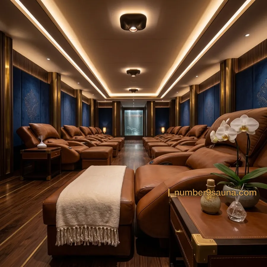 Rows of recliners in the Number Nine Spa rest lounge