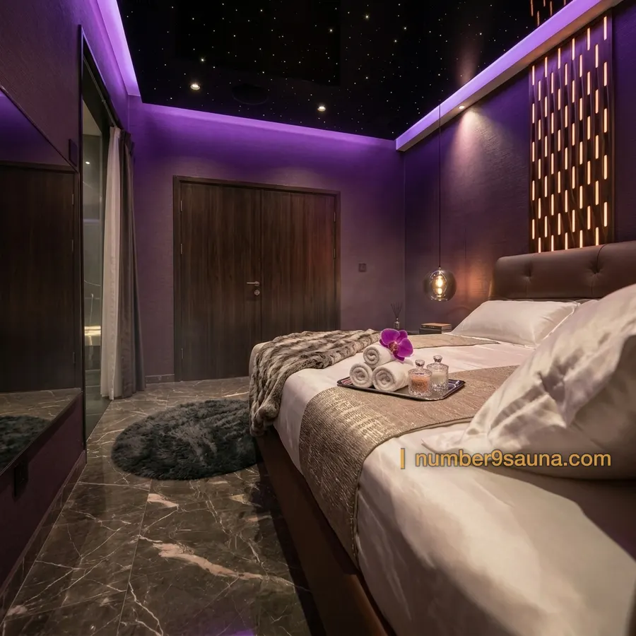 A themed atmosphere suite at Number Nine Spa, purple cove lighting and an orchid